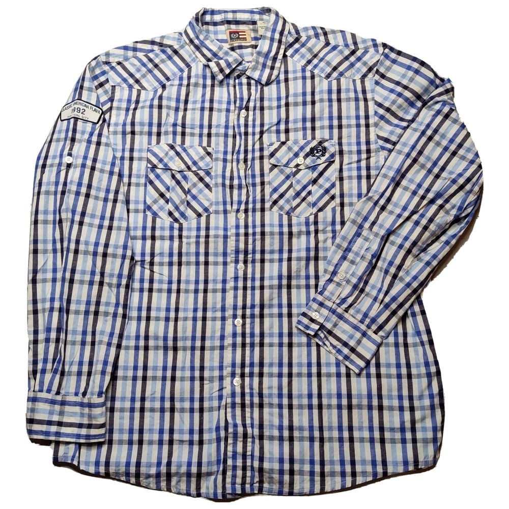 PHAT FARM Men Size XL Classic American‎ Flava Patch Blue Plaid Button Shirt